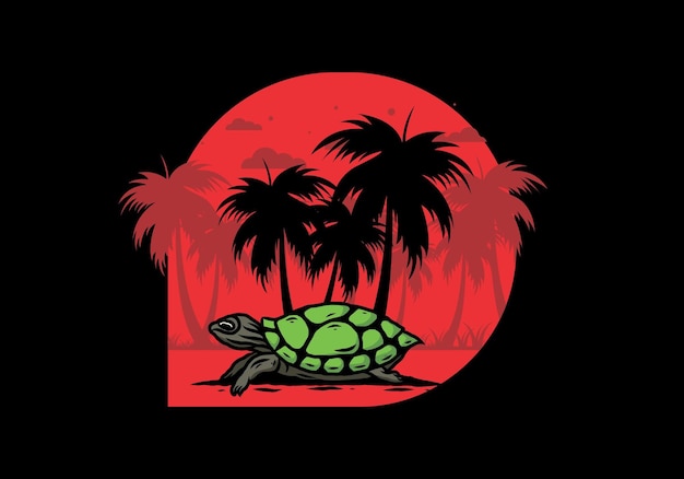 Sea turtle under the coconut tree illustration