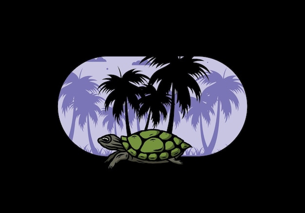 Illustrazione della tartaruga marina sotto l'albero di cocco