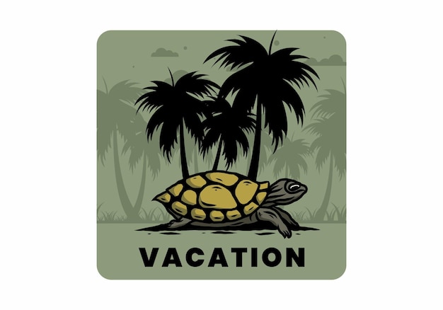 Sea turtle under the coconut tree illustration