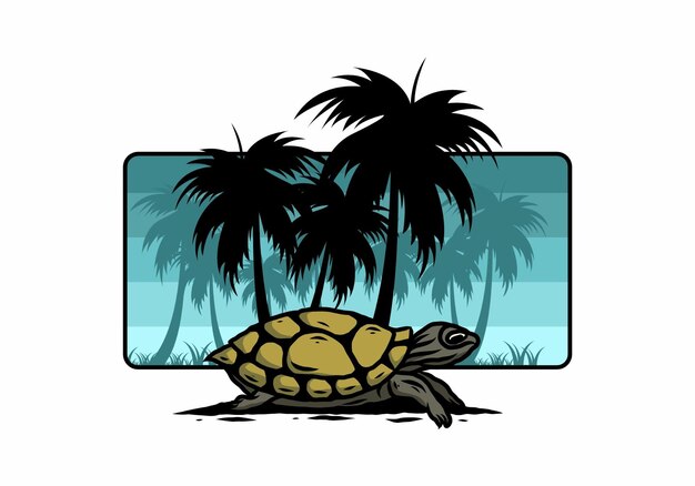 Vettore illustrazione della tartaruga marina sotto l'albero di cocco