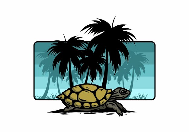 Sea turtle under the coconut tree illustration