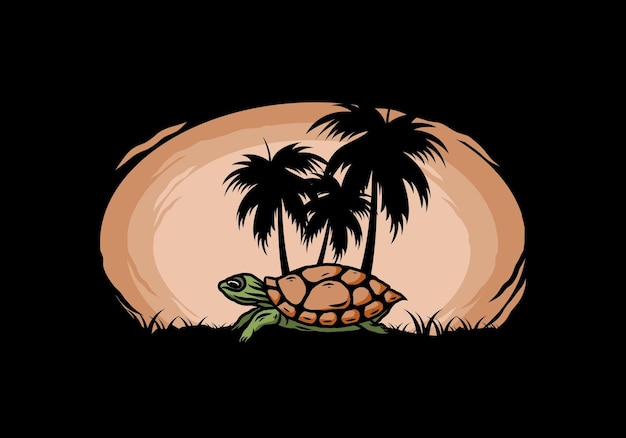 Sea turtle under the coconut tree illustration