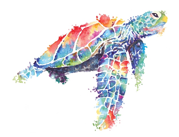 Sea turtle painted with watercolorsSea creatures swimming underwater worldAmphibian