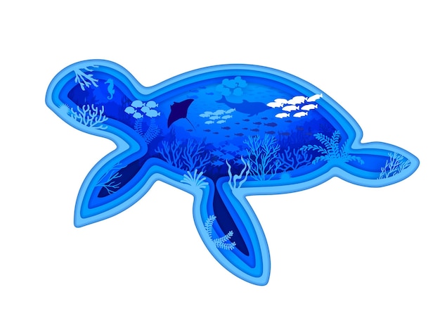 Sea turtle paper cut silhouette and underwater landscape Vector ocean animal with turtle shell and flippers 3d layered papercut frame with fish shoals dolphins and seahorse corals and seaweeds