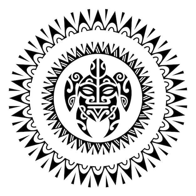 Vector sea turtle round circle ornament maori style tattoo sketch black and white