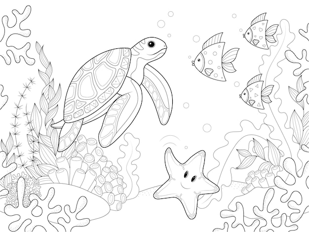 Sea turtle swims among algae and other fish Coloring book vector children illustration