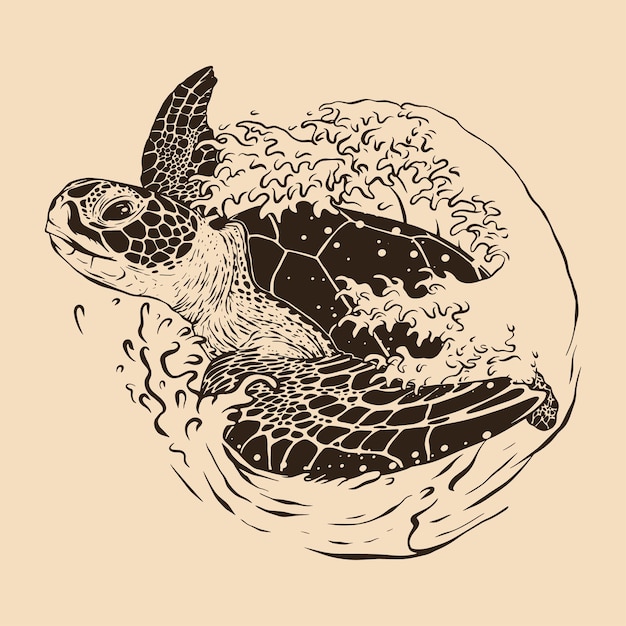 Vector sea turtle waves sketch illustration drawing vector animal