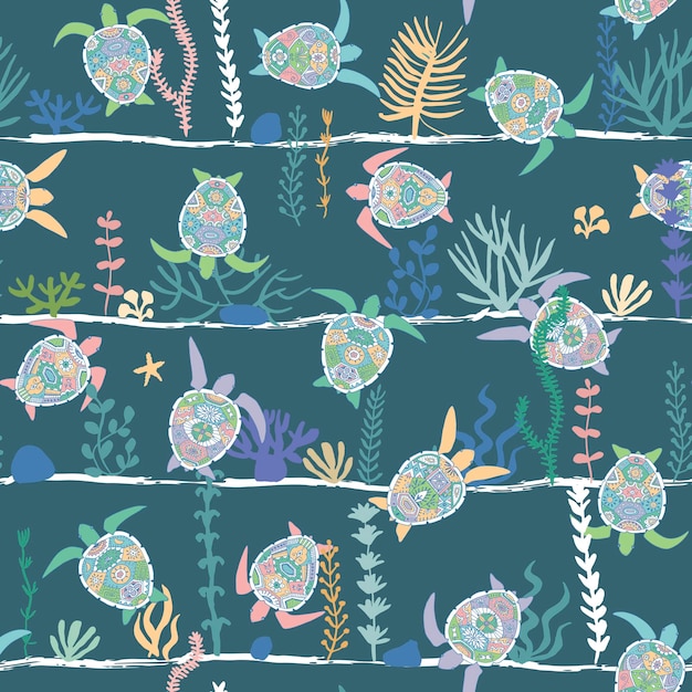 Sea turtles vector seamless pattern