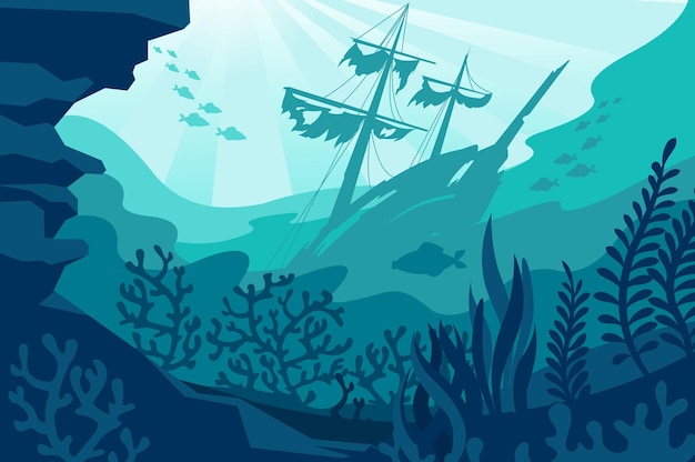 Vector sea underwater background deep ocean bottom with seaweeds sunken ship coral and fishes silhouettes