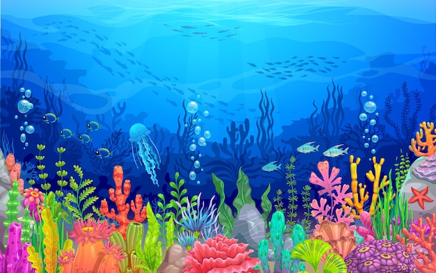 Sea underwater landscape with cartoon seaweeds and corals undersea or ocean vector background fish shoals jellyfish and starfish in tropical coral reef ocean world and underwater marine landscape