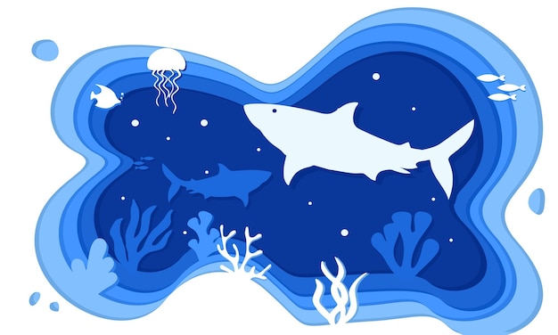 Sea underwater layered vector illustration sea life water in paper cut out style template