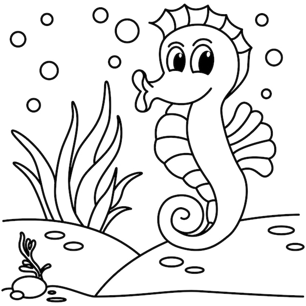 Sea unicorn cartoon coloring page illustration vector For kids coloring book