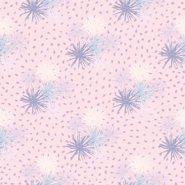 Sea urchin seamless hand drawn pattern. simple abstract ornament in blue and white tones on soft pink dotted background.