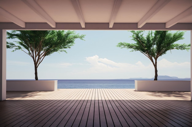 Sea view from the terrace of a modern house 3d rendering