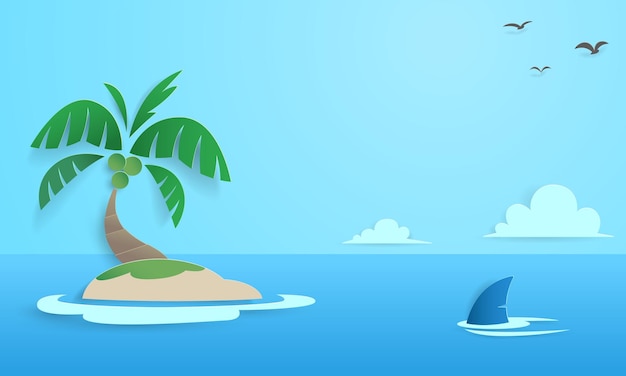 Sea view and island with coconut trees paper cut art cute illustrations suitable for travel