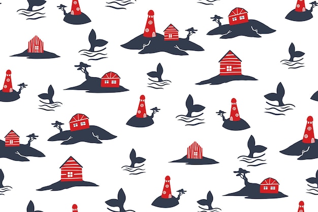 sea village seamless pattern with lighthouse fishermen s houses and whale tails