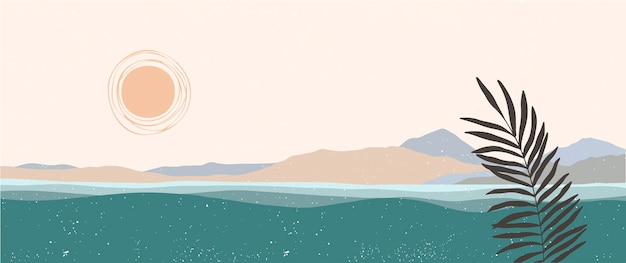 sea water landscape web banner beach sea shore with mountains sun and palm leaf turquoise water flat illustration outdoors vacation printable design