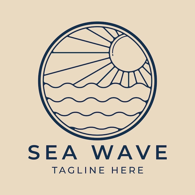 Sea wave line art logo with sunlight badge vector illustration design