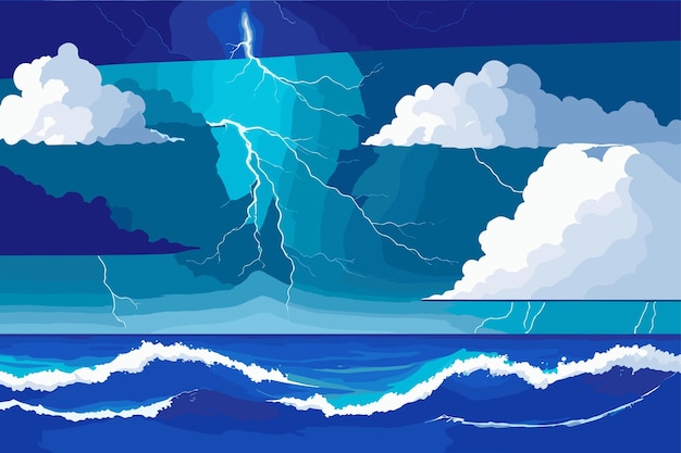 Вектор Морские волны и темное небо с молниями во время шторма плоская векторная иллюстрация