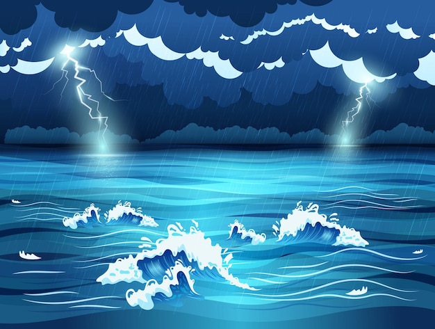 Sea waves and dark sky with lightnings during storm flat illustration