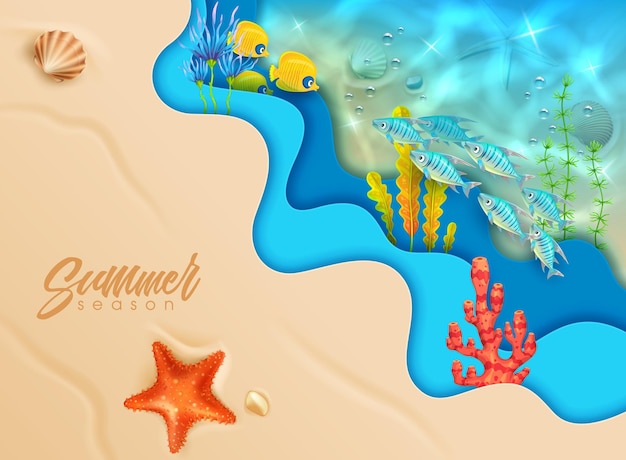 Sea waves paper cut banner with sand and fish shoals between seaweeds Summer season vacation background 3d vector papercut beach with golden sand and clear water edge with underwater life top view