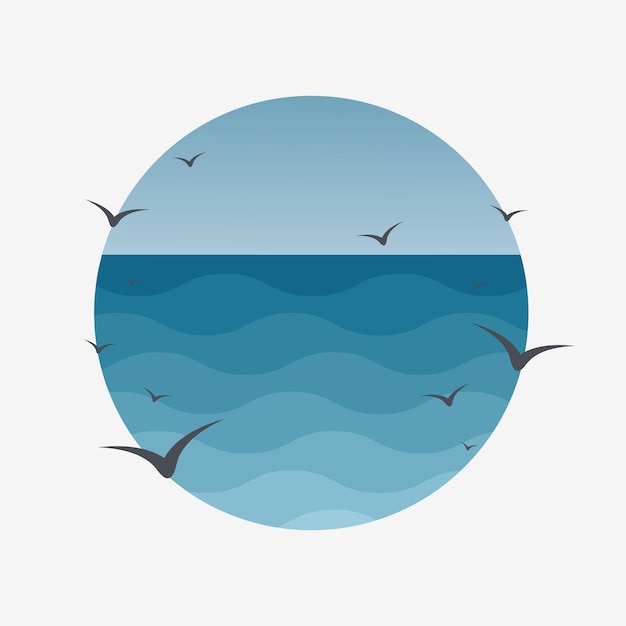 海の波とカモメの青いイラスト ポスター カラフルな背景に水と鳥