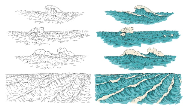 Вектор Морские волны винтажная векторная гравюра цветная иллюстрация изолирована на белом