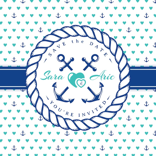 Sea wedding invitation card. template in nautical style with rope frame.