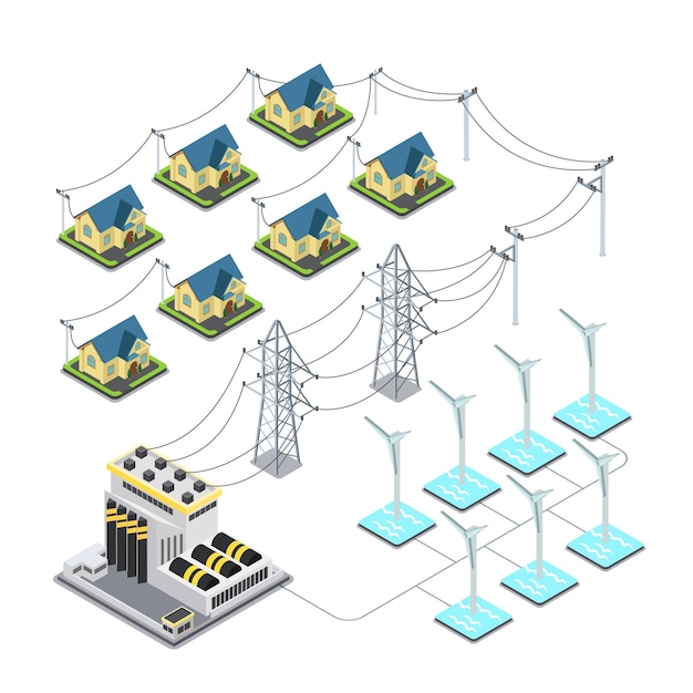 Vettore concetto di infographics del ciclo di alimentazione del villaggio verde dell'elica di energia eolica del mare.