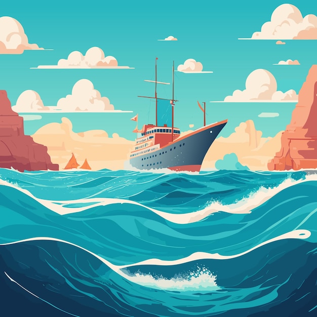 sea with waves and ship flat illustration