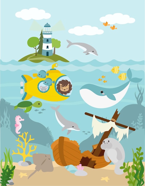 Vector under the sea world with submarine and whale and dolphins and more sweet sea animals