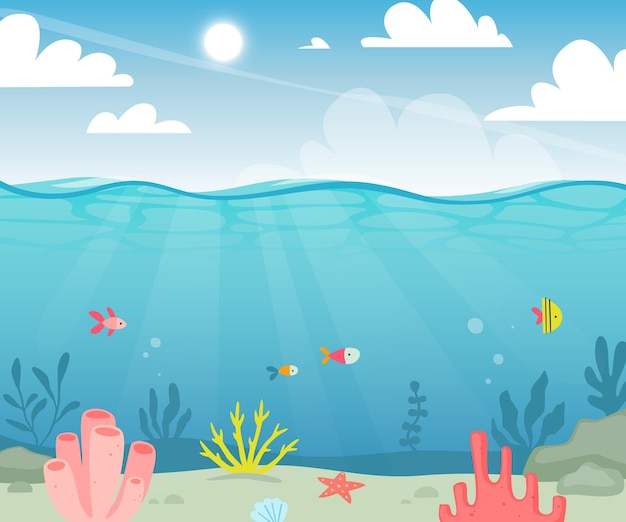 Seabed background with seaweeds and fishes Underwater tropical seascape Cartoon ocean floor