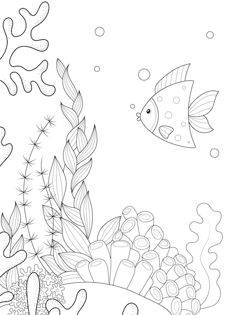 Seabed with algae and fish Antistress coloring book white background and black lines Vector