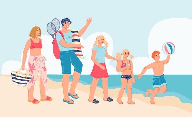 Vector seacoast with happy family on summer vacation flat vector illustration