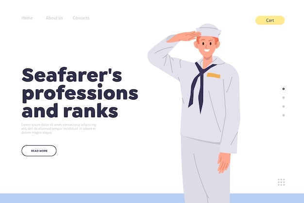 Seafarer professions and ranks landing page design Website template for maritime academy online service with happy young cabin boy character wearing work uniform saluting vector illustration