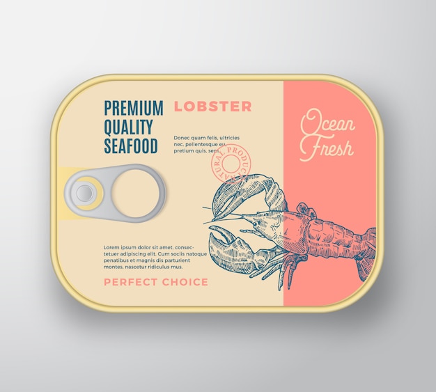 Vector seafood aluminium container with hand drawn lobster