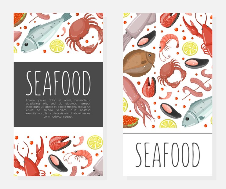 Vector seafood card templates set fish market restaurant fishery products shop advertising promotion leaflet flyer vector illustration