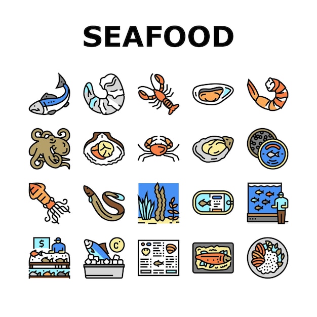 Seafood Cooked Food Dish Menu Icons Set Vector