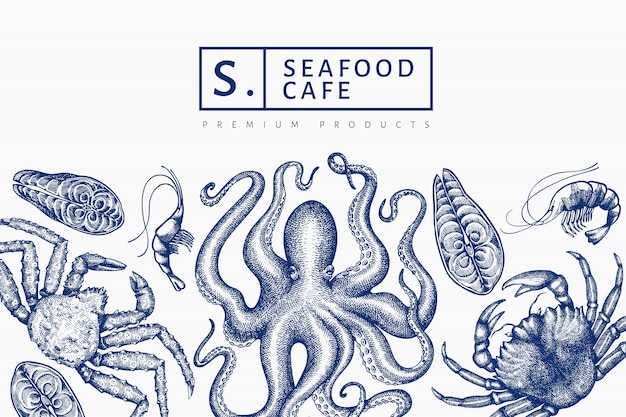 Design di frutti di mare. illustrazione di frutti di mare disegnati a mano banner di cibo stile inciso. sfondo di animali marini retrò