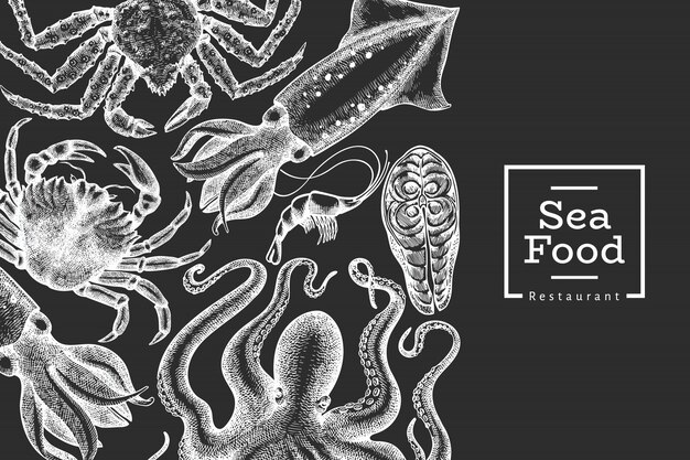 Seafood design template. hand drawn   seafood illustration on chalk board. engraved style food banner. retro sea animals background