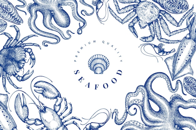 Modello di disegno di frutti di mare. illustrazione di frutti di mare di vettore disegnato a mano. banner di cibo in stile inciso. sfondo di animali marini d'epoca