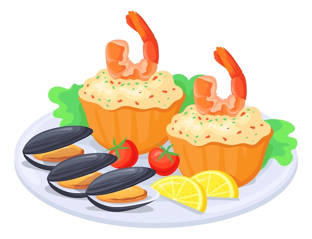 Значок блюда из морепродуктов мультяшный торт с креветками и мидиями