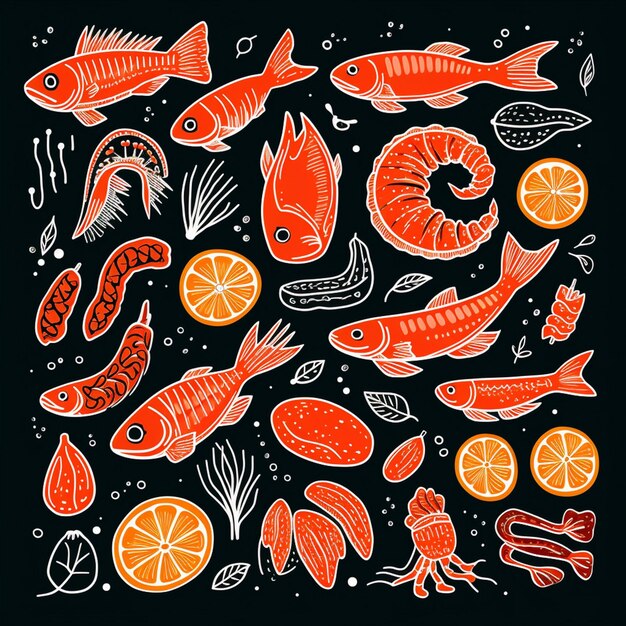 seafood fish illustration food vector ocean sea menu shrimp crab design restaurant set