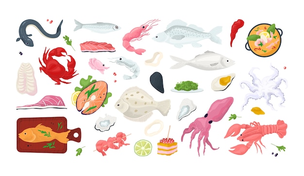 Vector seafood fish menu restaurant icons set with sea food, crab, shrimps, shell l   illustration. shellfish, octopus, squid, oyster and salmon slice. gourmet seafood meal market.