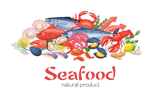 Vector seafood. fresh fish tuna, red bass, mackerel, salmon steak and pieces of herring. banner with shrimp, scallops, oysters, squid, crab, lobster, octopus and caviar. seafood vector illustration.