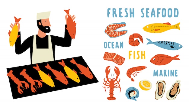 Insieme di doodle divertente di frutti di mare. uomo sveglio del fumetto, venditore del mercato alimentare con pesce fresco. disegnato a mano