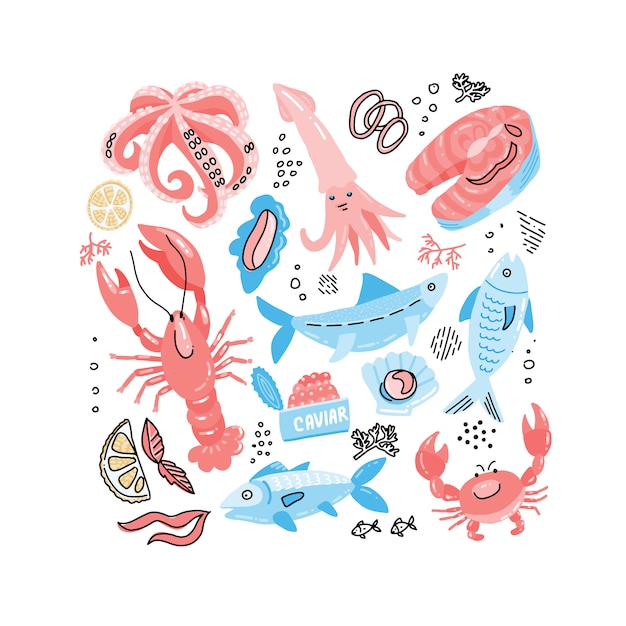 Seafood hand drawn simple color doodle with fish, crab, lobster, caviar, salmon steak and squid.