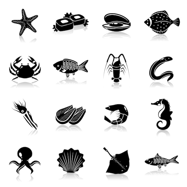 Seafood icons set black