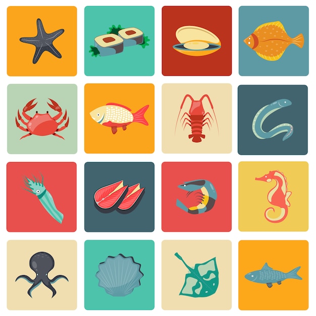 Icone di frutti di mare impostate piatte