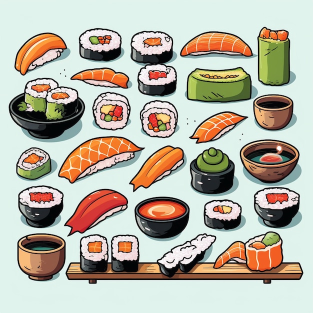 Illustrazione di frutti di mare sushi cibo vettore pesce giapponese menu di riso ristorante asiatico salmone c